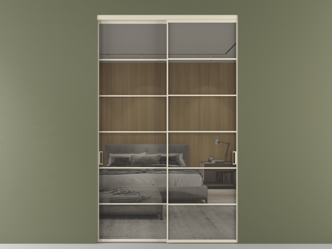 Перегородка Formato внутри проёма 2 створки АЛПР 040.04 Алюминий бежево-серый Рефлективное серое стекло "Stopsol", калёное Цена 493900 ₽  | Volhovec