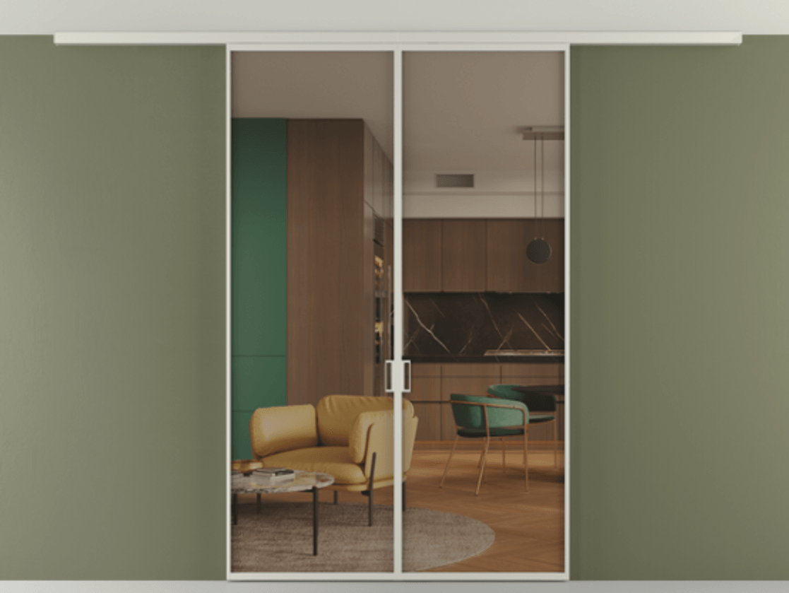 Перегородка Формато вдоль стены на потолок 2 створки АЛПР 040.01 Алюминий тёплый серый Прозрачное бронзовое стекло, триплекс Цена 177705 ₽ | Volhovec