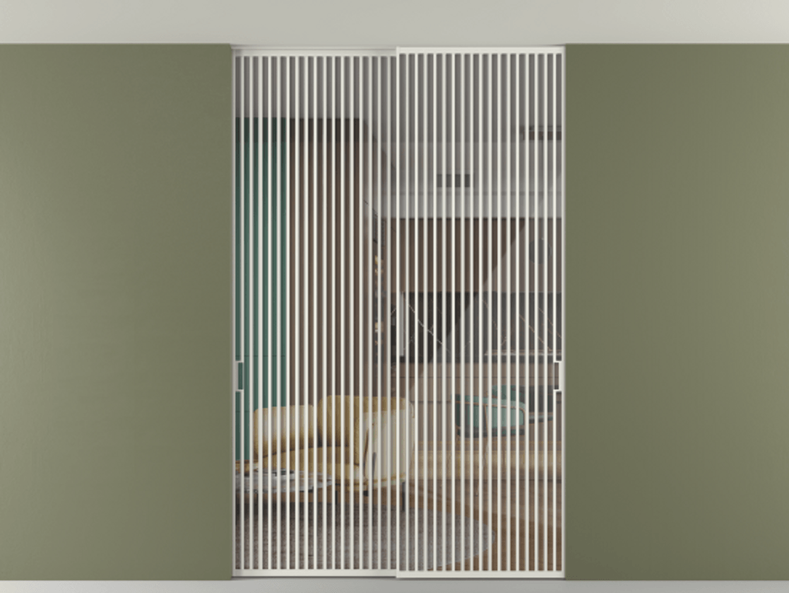 Перегородка Формато внутри проёма скрытое крепление в потолок 2 створки АЛПР 040.06 Алюминий серый Рефлективное прозрачное стекло "Стопсол", калёное Цена 521120 ₽ | Volhovec