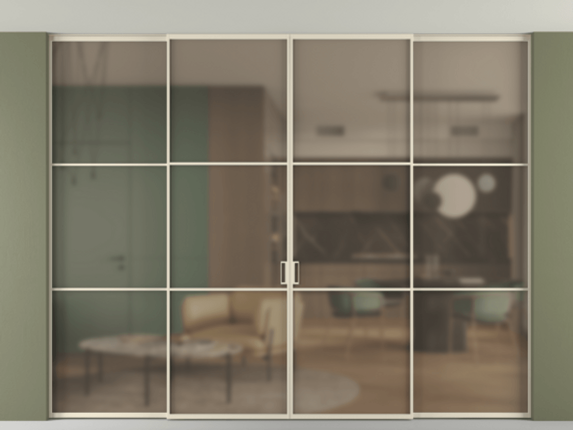 Перегородка Формато внутри проёма скрытое крепление в потолок 4 створки АЛПР 040.03 Алюминий бежево-серый Сатинированное бронзовое стекло, триплекс Цена 440530 ₽ | Volhovec