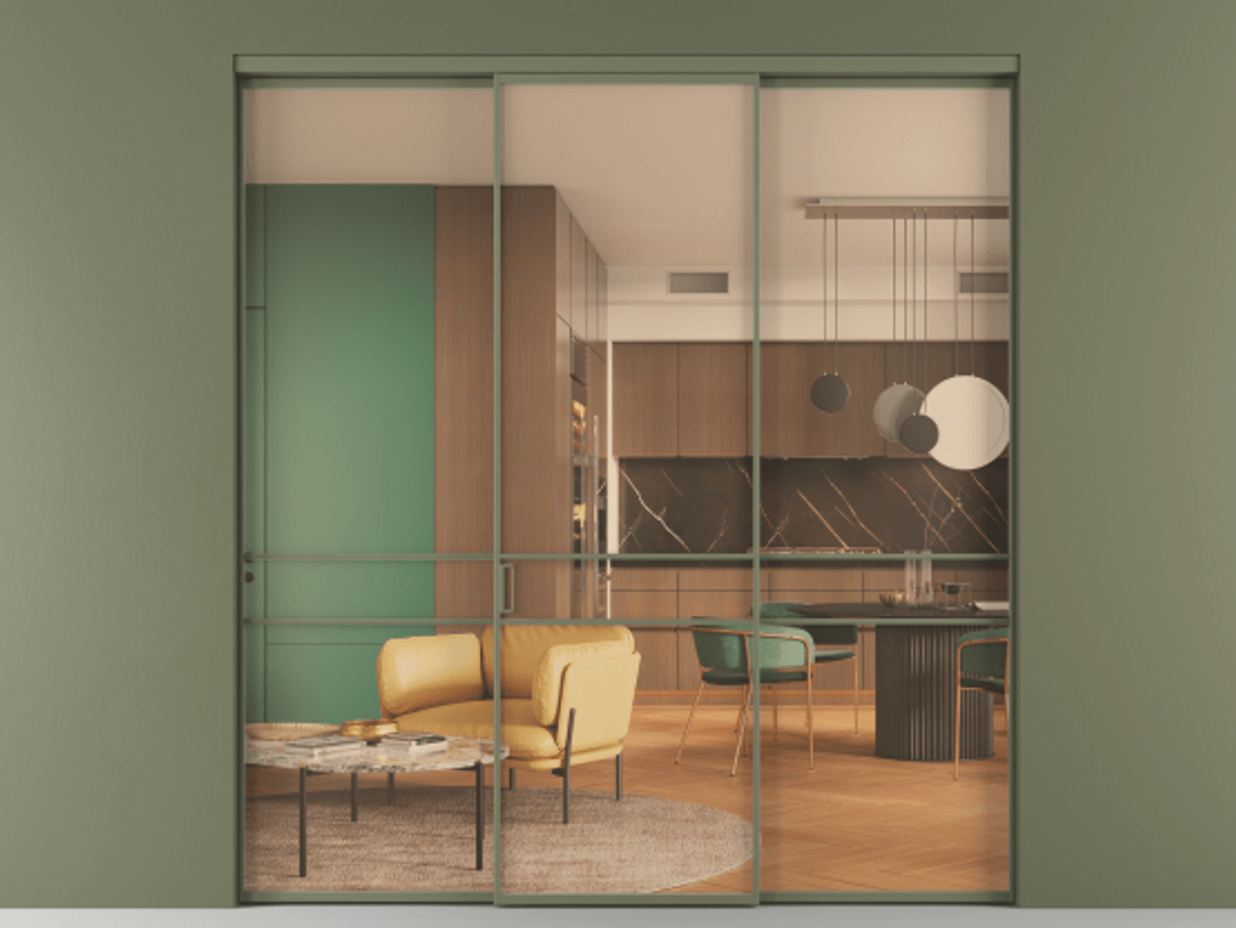 Перегородка Formato внутри проёма 3 створки АЛПР 040.02 Алюминий оливковый тёмный Прозрачное оранжевое стекло, триплекс Цена 237275 ₽ | Volhovec