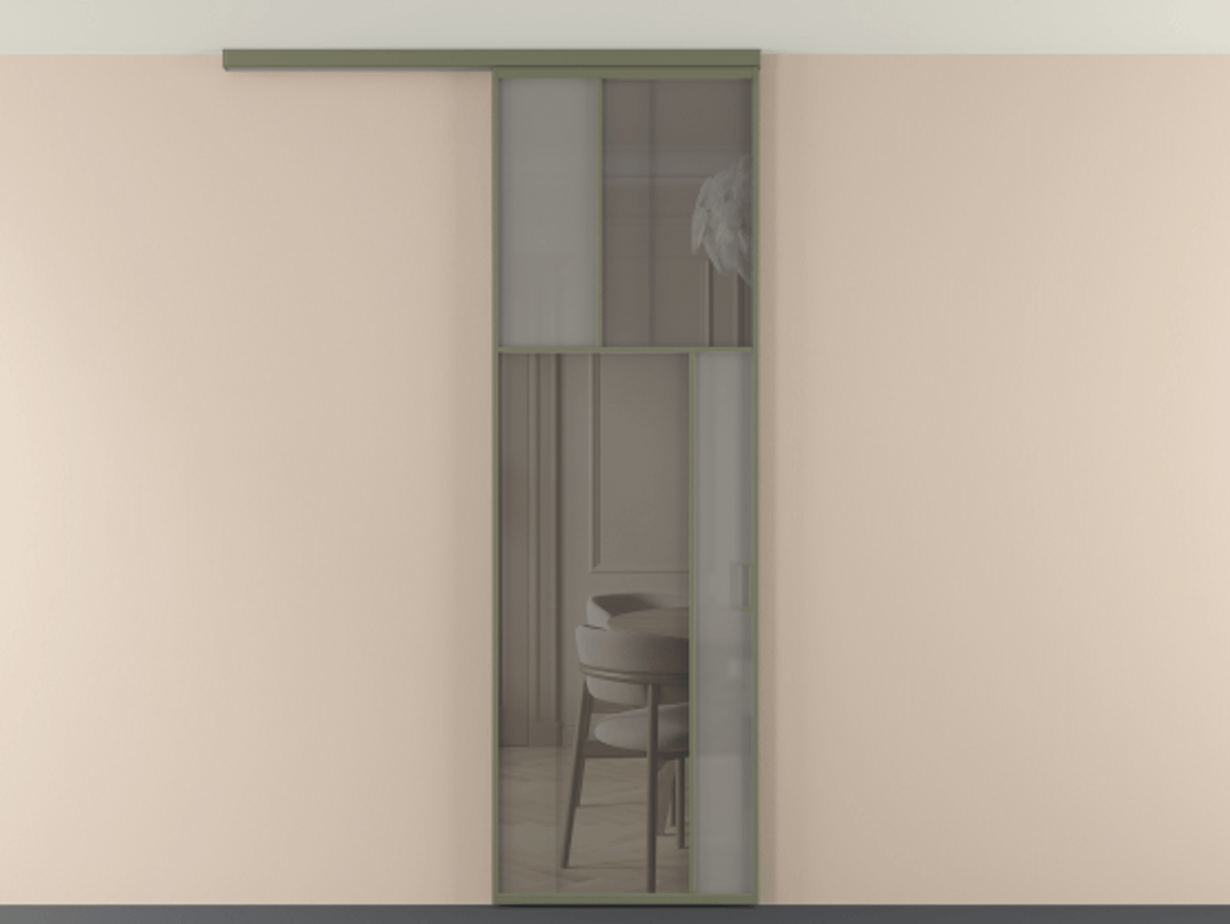 Перегородка Мозаик вдоль стены на потолок 1 створка АЛПР 041.23 Алюминий оливковый тёмный Сатинированное серое стекло, триплекс, 6 мм + Прозрачное серое стекло, триплекс Цена 135040 ₽ | Volhovec