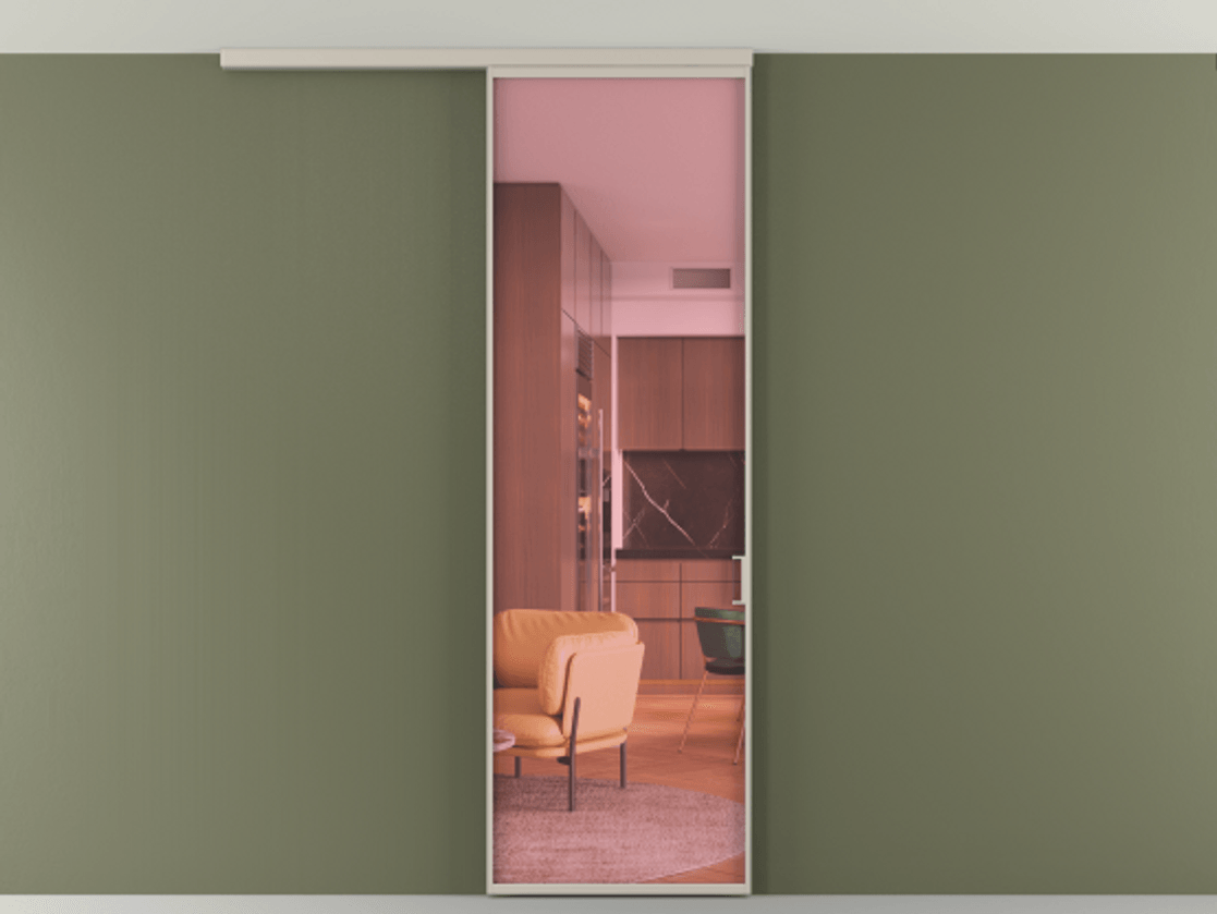 Перегородка Формато вдоль стены на потолок 1 створка АЛПР 040.01 Алюминий светло-бежевый Прозрачное розовое стекло, триплекс Цена 92403 ₽ | Volhovec