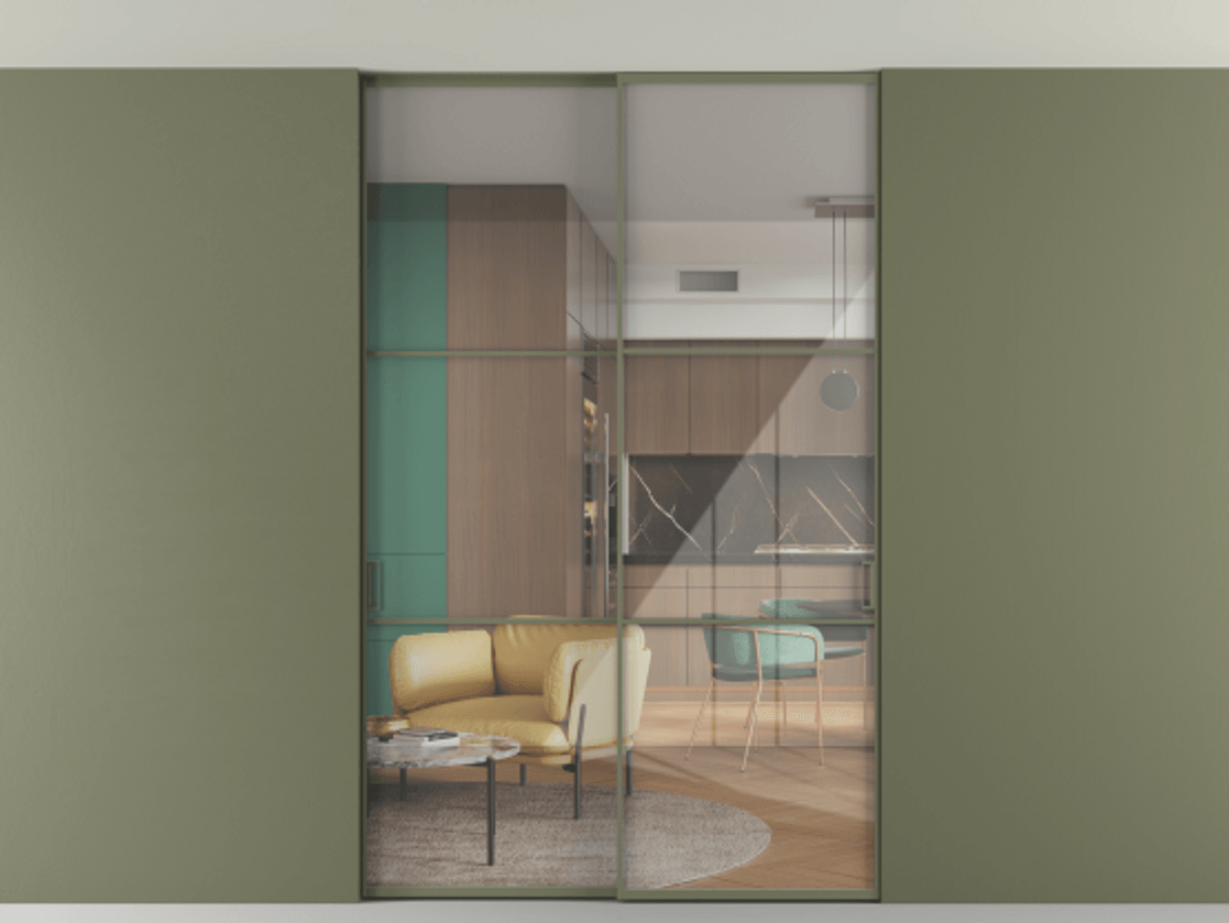 Перегородка Формато внутри проёма скрытое крепление в потолок 2 створки АЛПР 040.03 Алюминий оливковый тёмный Рефлективное прозрачное стекло "Стопсол", калёное Цена 305520 ₽ | Volhovec