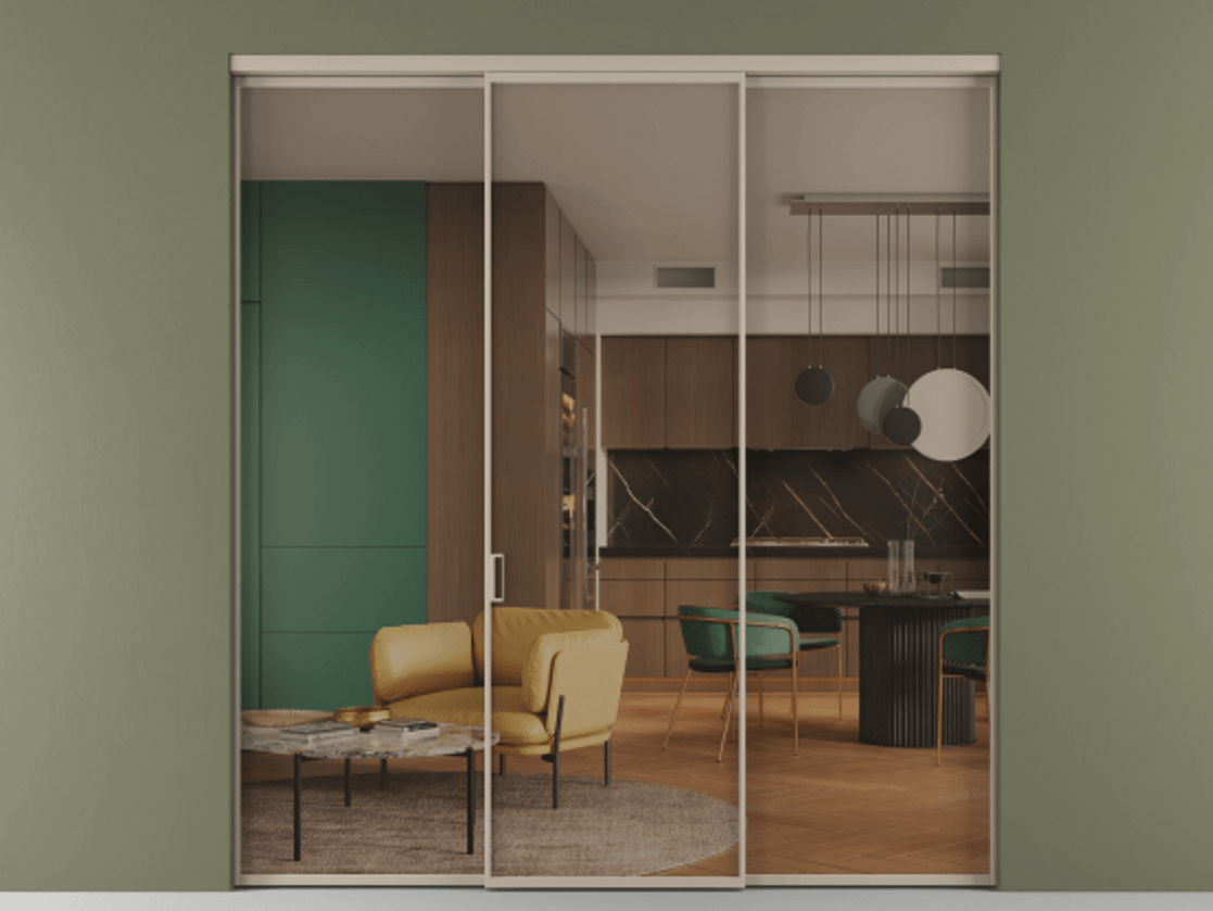 Перегородка Формато внутри проёма 3 створки АЛПР 040.01 Алюминий бисквитный Прозрачное бронзовое стекло, триплекс Цена 225125 ₽ | Volhovec