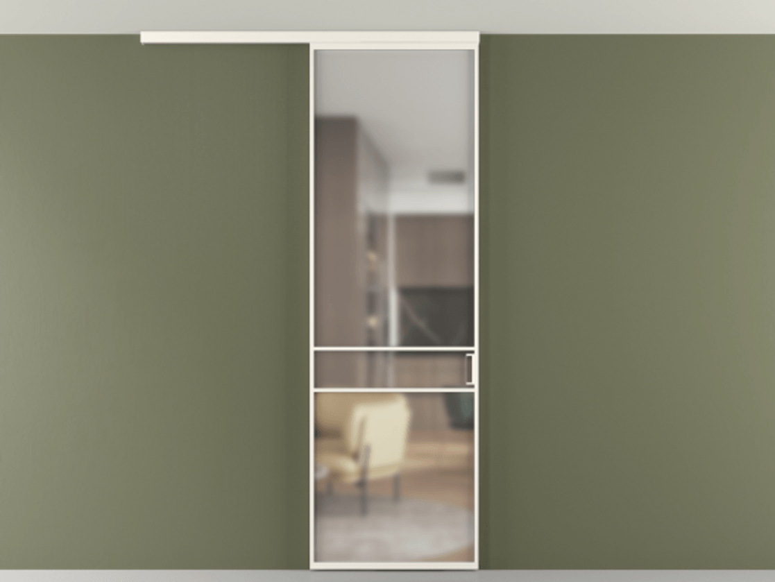 Перегородка Формато вдоль стены на потолок 1 створка АЛПР 040.02 Алюминий пудровый белый Сатинированное стекло "Мателюкс Кристал Вижн", калёное, матовое, каленое 6 мм Цена 125510 ₽ | Volhovec