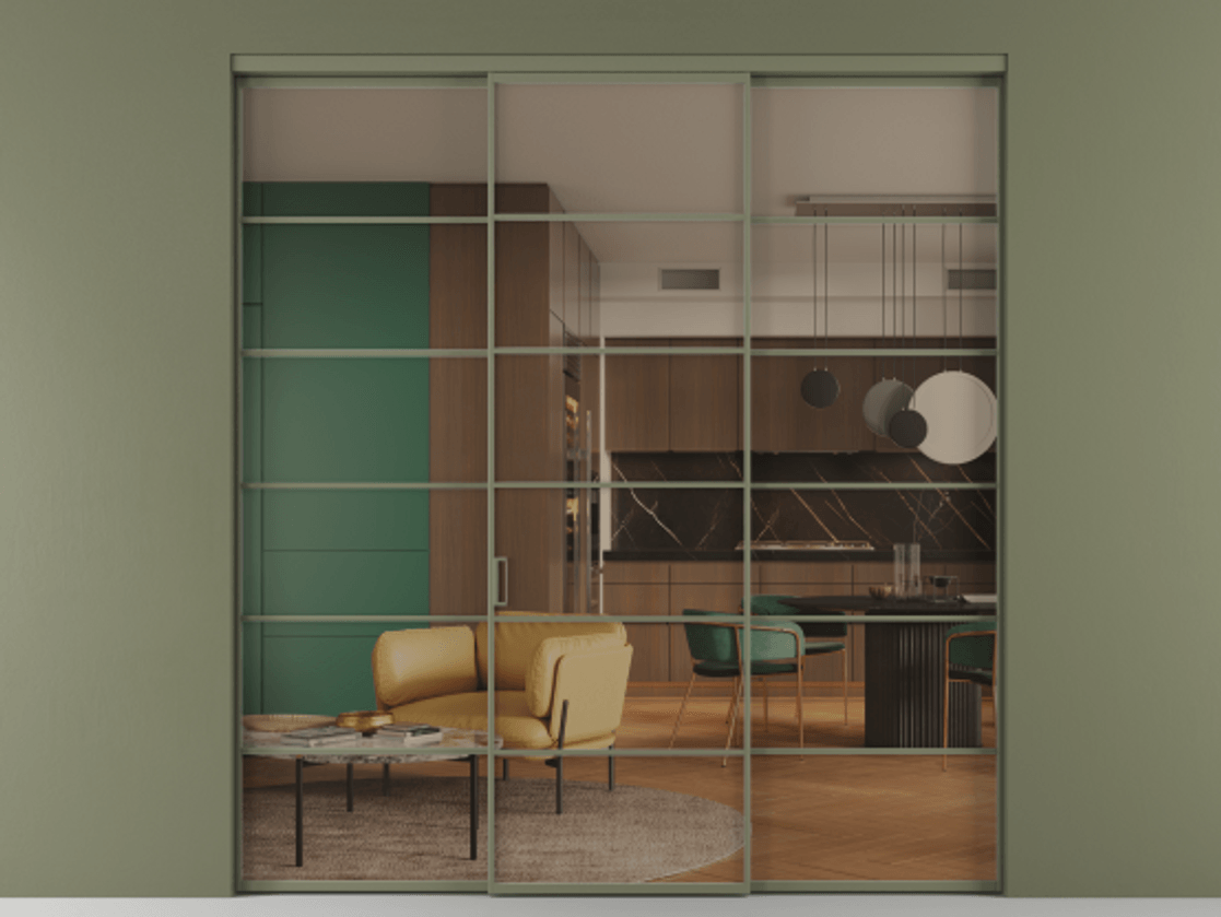 Перегородка Formato внутри проёма 3 створки АЛПР 040.04 Алюминий оливковый тёмный Прозрачное бронзовое стекло, триплекс Цена 254825 ₽ | Volhovec