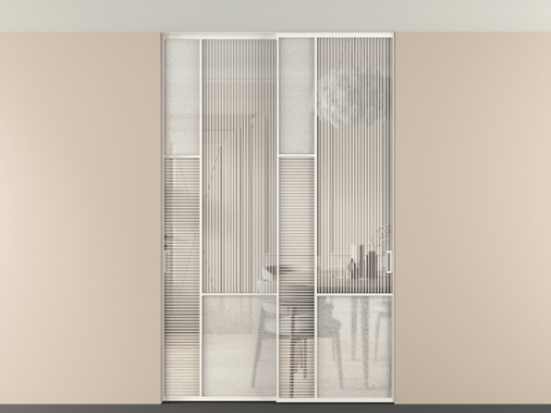 Перегородка Мозаик внутри проёма скрытое крепление в потолок 2 створки АЛПР 041.13 Алюминий пудровый белый Рифлёное стекло "Дюна", триплекс, 6 мм + Фактурное стекло "Лёд", триплекс Цена 340580 ₽ | Volhovec