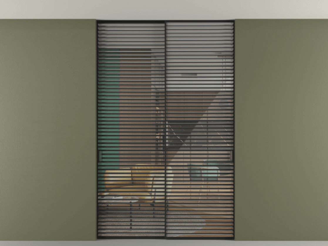 Перегородка Formato внутри проёма скрытое крепление в потолок 2 створки АЛПР 040.07 Алюминий Черный Рефлективное прозрачное стекло "Stopsol", калёное Цена 502860 ₽ | Volhovec