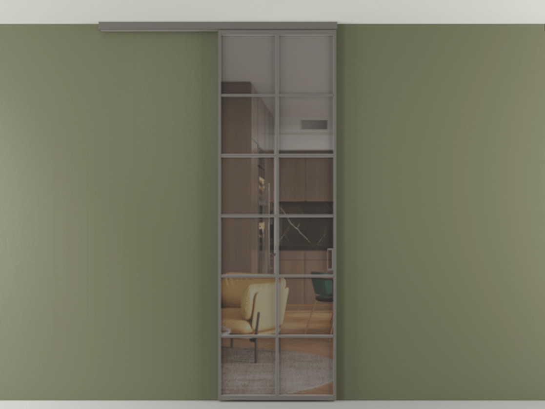 Перегородка Формато вдоль стены на потолок 1 створка АЛПР 040.05 Алюминий классический серый Прозрачное серое стекло, триплекс Цена 107852 ₽ | Volhovec