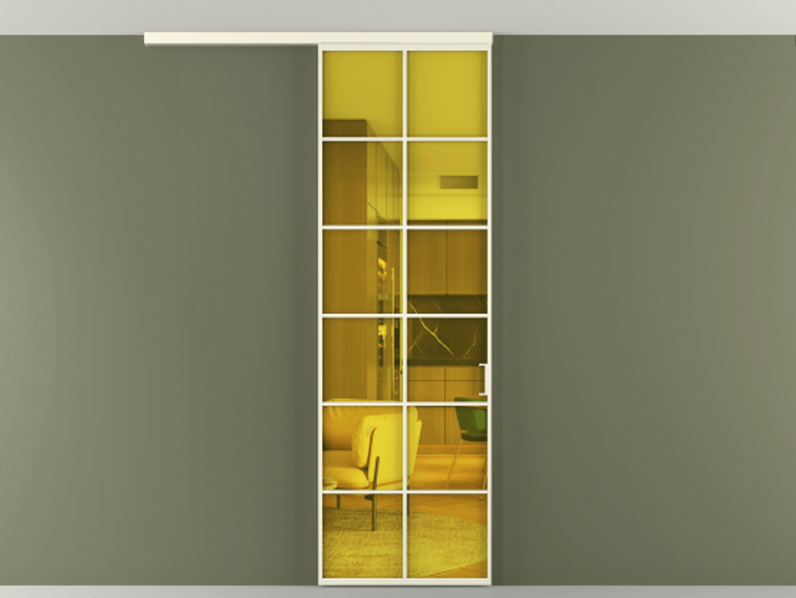 Перегородка Formato вдоль стены на потолок 1 створка АЛПР 040.05 Алюминий молочно-белый Прозрачное жёлтое стекло, триплекс Цена 107852 ₽ | Volhovec