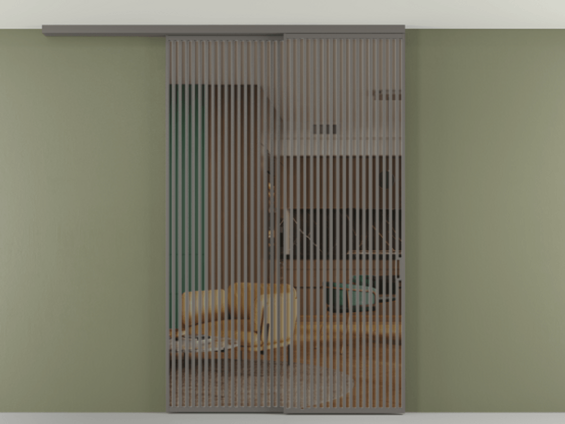 Перегородка Формато вдоль стены на потолок 2 створки с синхронным механизмом АЛПР 040.06 Алюминий классический серый Прозрачное бронзовое стекло, триплекс Цена 450456 ₽ | Volhovec