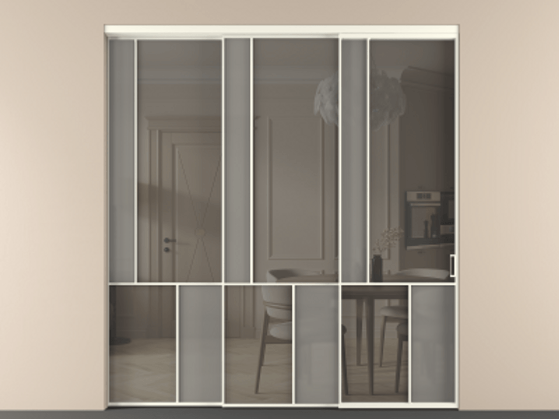 Перегородка Мозаик внутри проёма 3 створки с синхронным механизмом АЛПР 041.20  Алюминий жемчужный Сатинированное серое стекло, триплекс, 6 мм + Прозрачное серое стекло, триплекс Цена 437390 ₽ | Volhovec