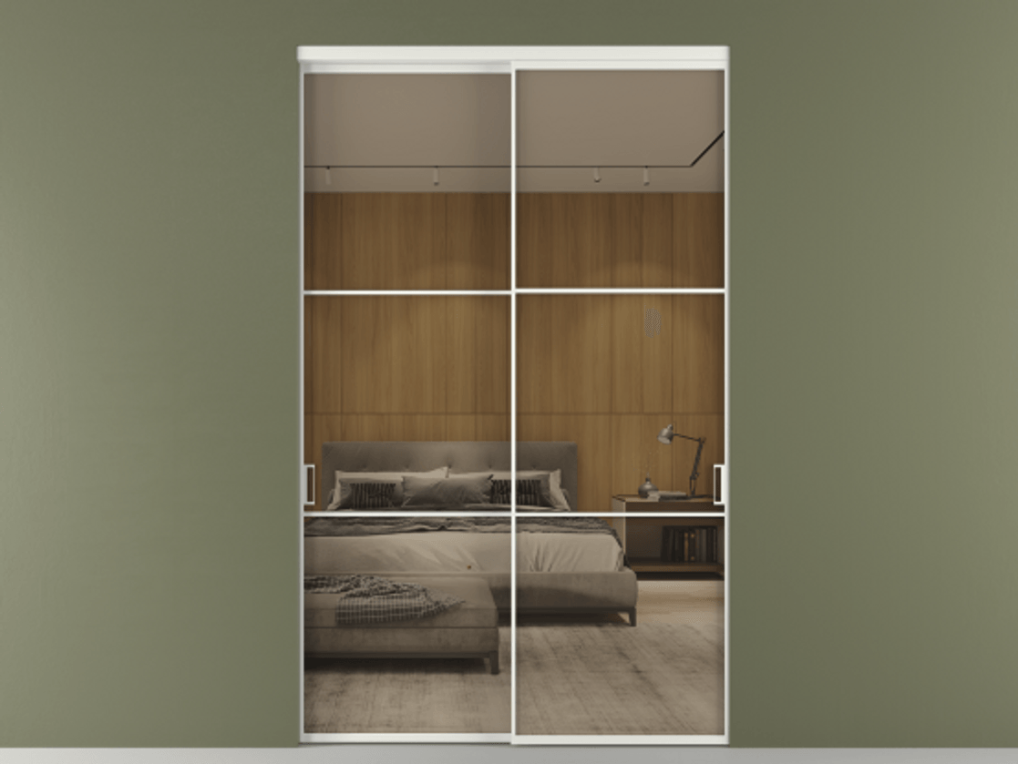 Перегородка Формато внутри проёма 2 створки АЛПР 040.03 Алюминий светло-серый Рефлективное бронзовое стекло "Стопсол", калёное Цена 478300 ₽  | Volhovec