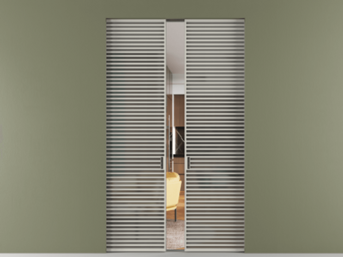 Перегородка Формато скрытый пенал 2 створки АЛПР 040.07 Алюминий тёплый серый Сатинированное серое стекло, триплекс Цена 424210 ₽ | Volhovec