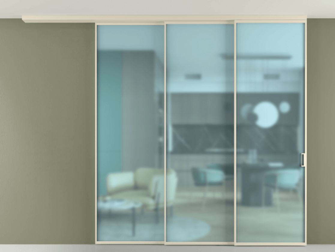 Перегородка Formato вдоль стены на потолок телескопик синхро 3 АЛПР 040.01 Алюминий бежево-серый Сатинированное голубое стекло, триплекс Цена 428110 ₽ | Volhovec