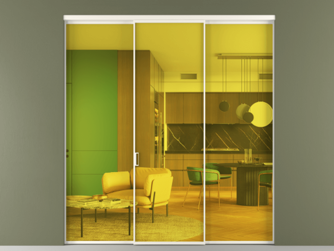 Перегородка Formato внутри проёма 3 створки АЛПР 040.01 Алюминий пудровый белый Прозрачное жёлтое стекло, триплекс Цена 235580 ₽ | Volhovec