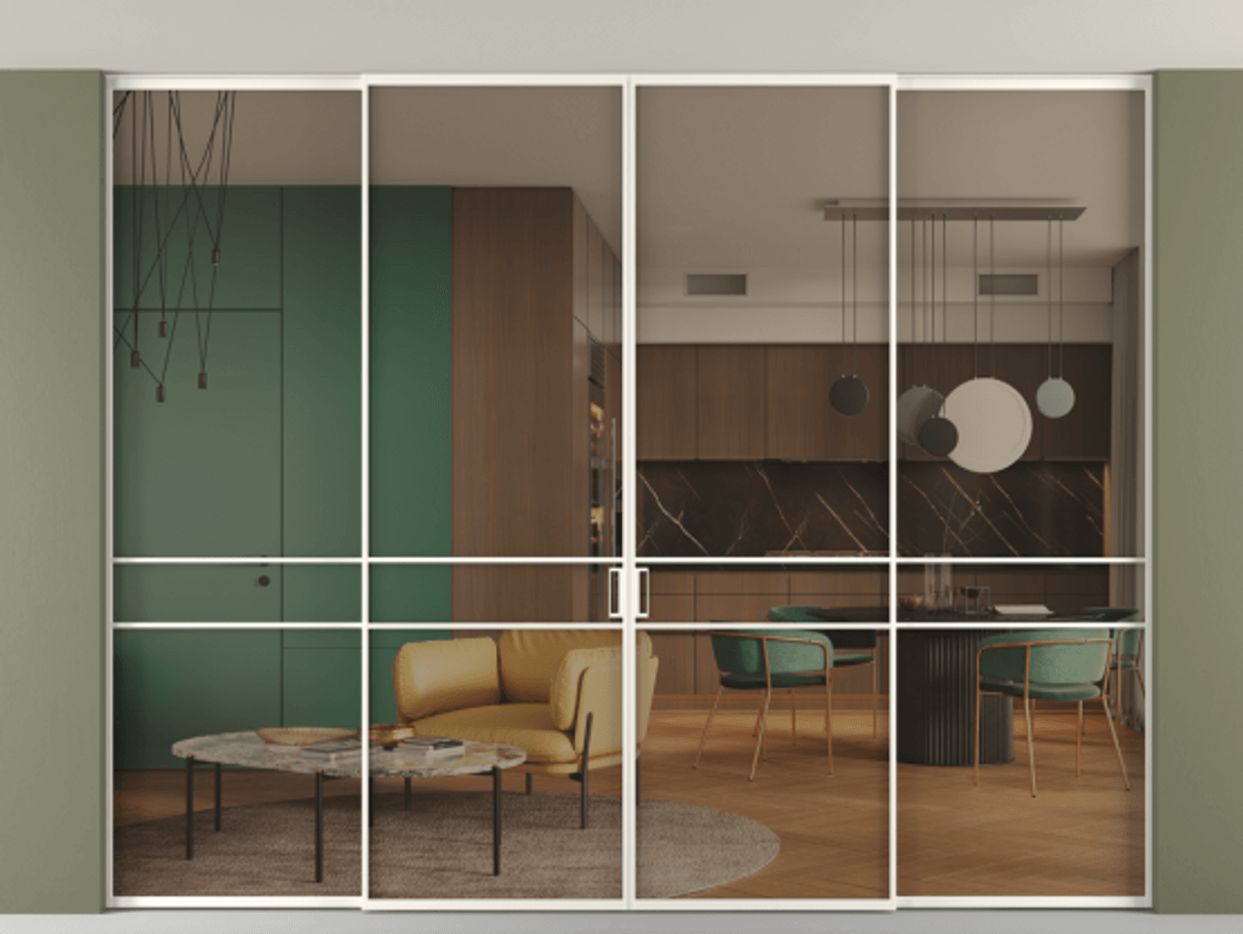 Перегородка Формато внутри проёма скрытое крепление в потолок 4 створки АЛПР 040.02 Алюминий пудровый белый Прозрачное бронзовое стекло, триплекс Цена 440530 ₽ | Volhovec