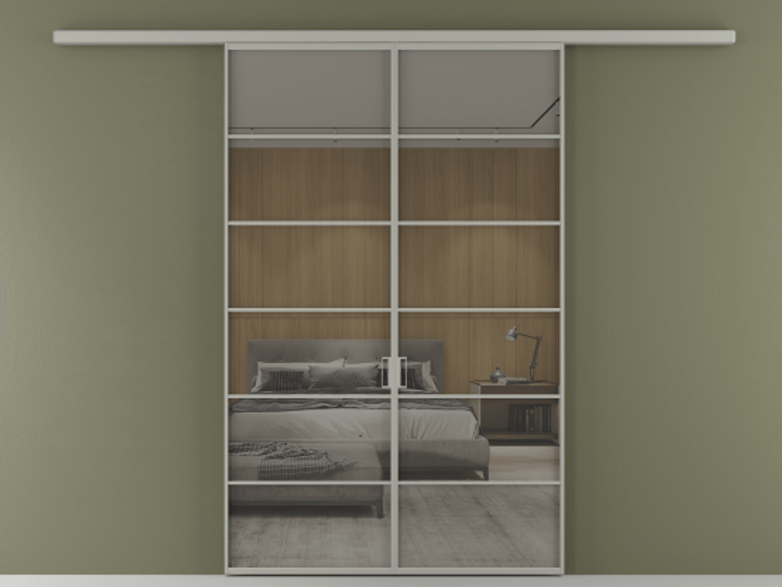 Перегородка Формато вдоль стены 2 створки АЛПР 040.04 Алюминий нейтральный серый Рефлективное серое стекло "Стопсол", калёное Цена 264600 ₽ | Volhovec