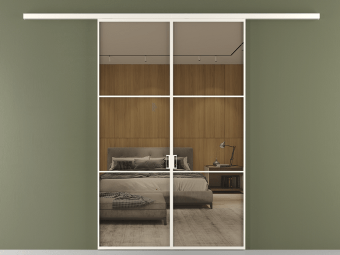 Перегородка Формато вдоль стены 2 створки АЛПР 040.03 Алюминий пудровый белый Рефлективное бронзовое стекло "Стопсол", калёное Цена 215760 ₽ | Volhovec