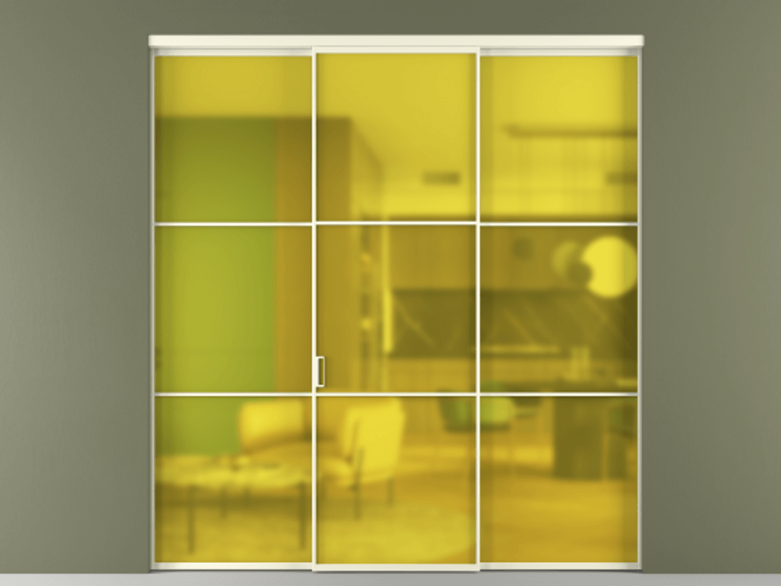 Перегородка Формато внутри проёма 3 створки АЛПР 040.03 Алюминий молочно-белый Сатинированное жёлтое стекло, триплекс Цена 237275 ₽ | Volhovec