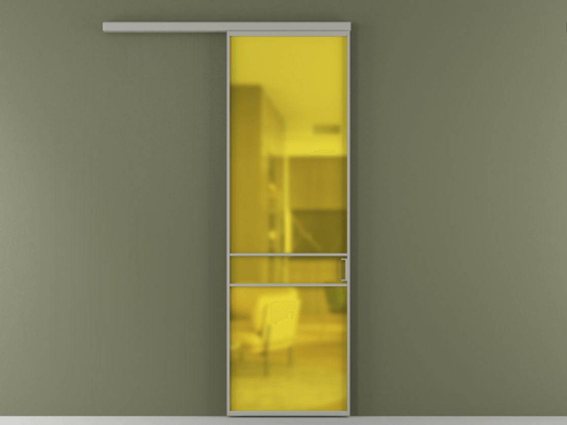 Перегородка Формато вдоль стены 1 створка АЛПР 040.02 Алюминий нейтральный серый Сатинированное жёлтое стекло, триплекс Цена 106080 ₽  | Volhovec