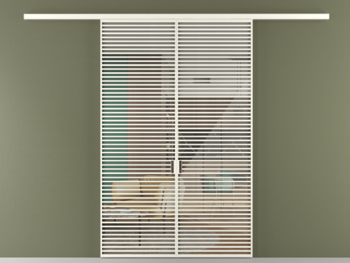 Перегородка Формато вдоль стены 2 створки АЛПР 040.07 Алюминий жемчужный Рефлективное прозрачное стекло "Стопсол", калёное Цена 445000 ₽ | Volhovec