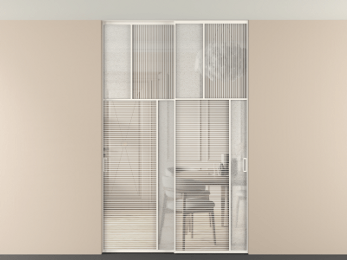Перегородка Мозаик внутри проёма скрытое крепление в потолок 2 створки АЛПР 041.23 Алюминий пудровый белый Рифлёное стекло "Дюна", триплекс, 6 мм + Фактурное стекло "Лёд", триплекс Цена 340580 ₽ | Volhovec