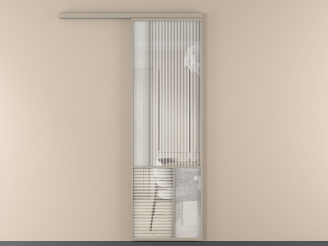 Перегородка Mosaic вдоль стены 1 створка АЛПР 041.20 Алюминий бисквитный Рифлёное стекло "Дюна", триплекс, 6 мм + Фактурное стекло "Лёд", триплекс Цена 145030 ₽ | Volhovec