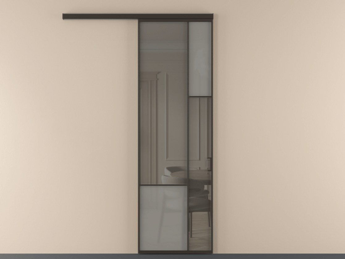 Перегородка Mosaic вдоль стены 1 створка АЛПР 041.12 Алюминий антрацит Сатинированное серое стекло, триплекс, 6 мм + Прозрачное серое стекло, триплекс Цена 137030 ₽ | Volhovec