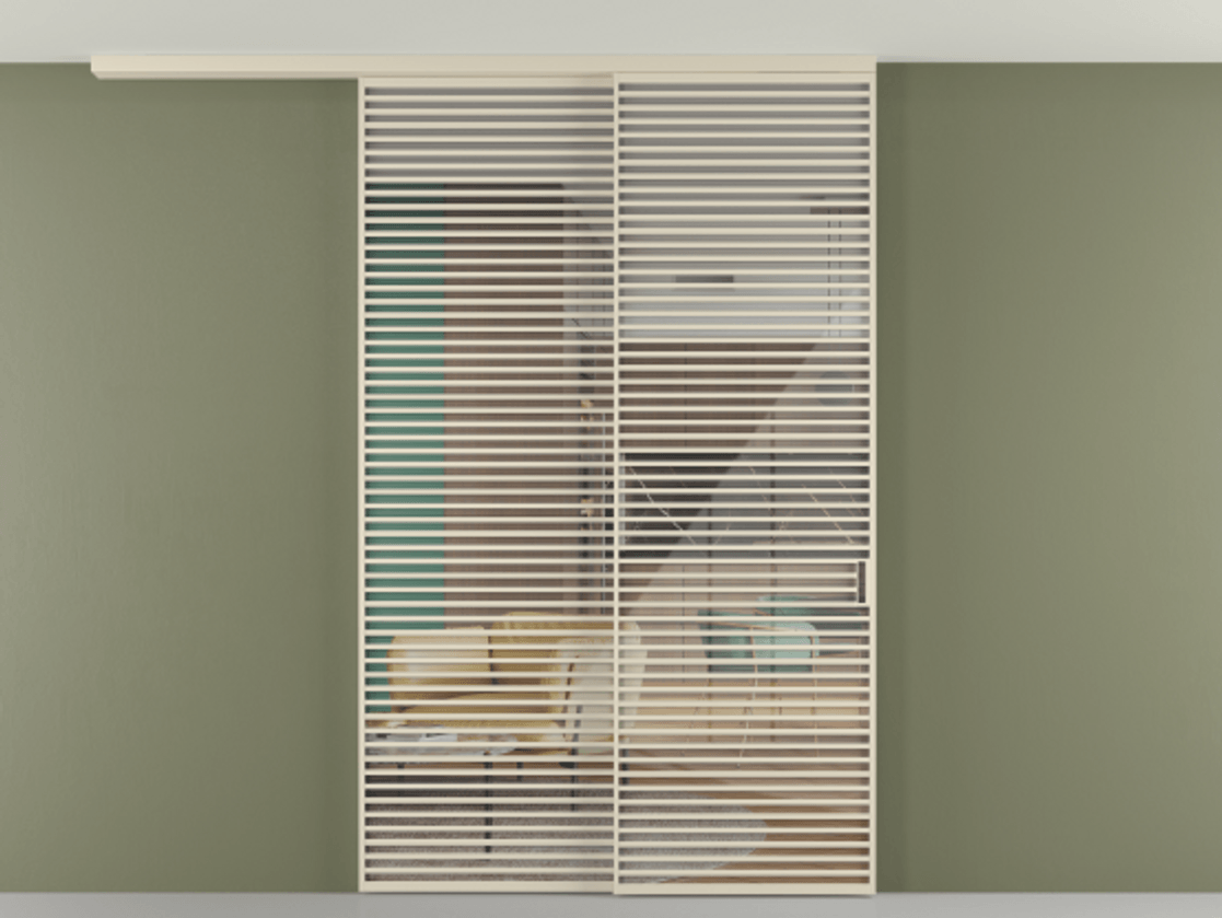 Перегородка Формато вдоль стены на потолок 2 створки с синхронным механизмом АЛПР 040.07 Алюминий бежево-серый Рефлективное прозрачное стекло "Стопсол", калёное Цена 463256 ₽ | Volhovec