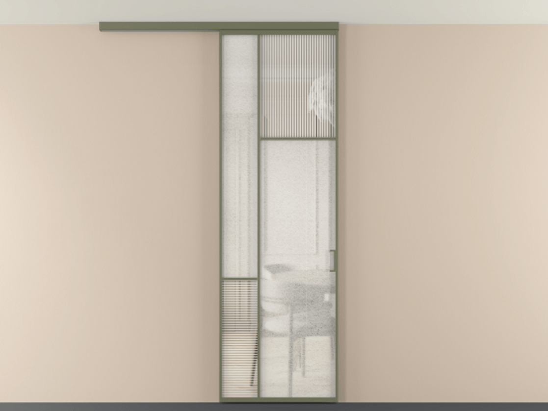 Перегородка Мозаик вдоль стены на потолок 1 створка АЛПР 041.11 Алюминий оливковый тёмный Рифлёное стекло "Дюна", триплекс, 6 мм + Фактурное стекло "Лёд", триплекс Цена 143040 ₽ | Volhovec