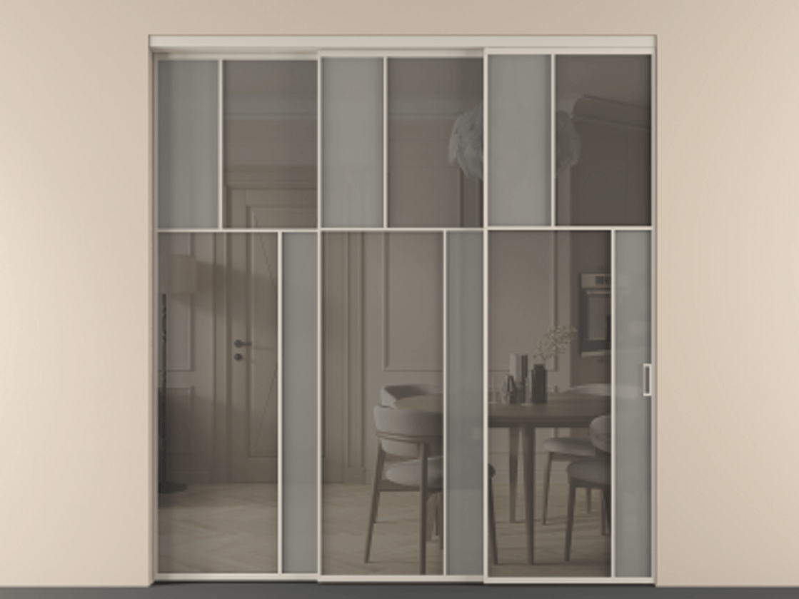 Перегородка Мозаик внутри проёма 3 створки с синхронным механизмом АЛПР 041.23 Алюминий светло-бежевый Сатинированное серое стекло, триплекс, 6 мм + Прозрачное серое стекло, триплекс Цена 437390 ₽ | Volhovec