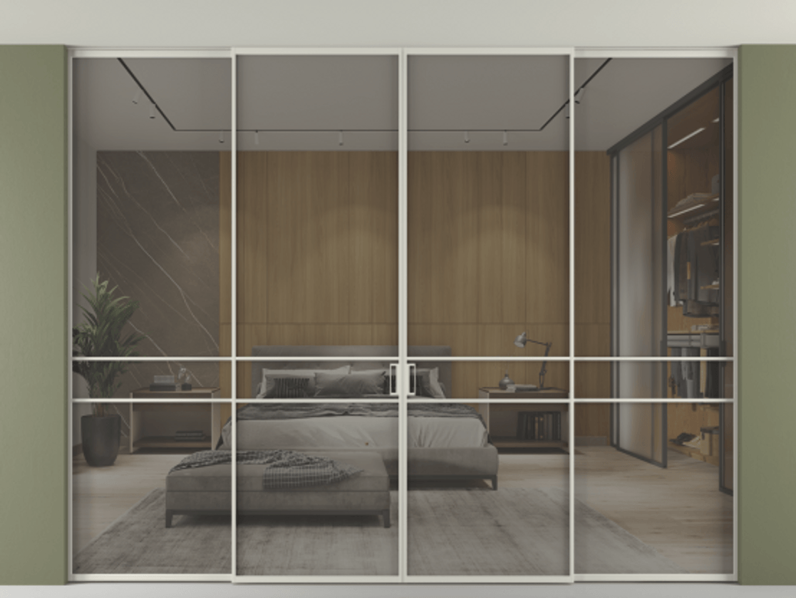 Перегородка Формато внутри проёма скрытое крепление в потолок 4 створки АЛПР 040.02 Алюминий тёплый серый Рефлективное серое стекло "Стопсол", калёное Цена 555140 ₽ | Volhovec