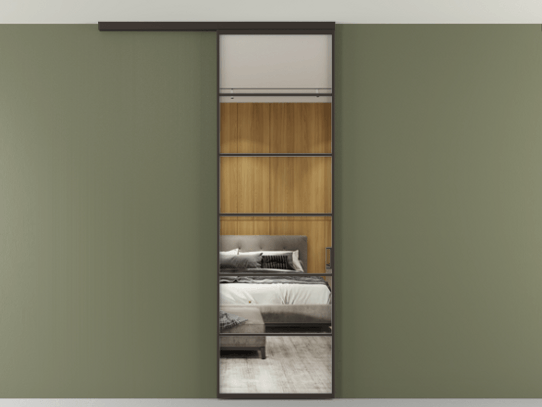 Перегородка Формато вдоль стены на потолок 1 створка АЛПР 040.04 Алюминий антрацит Двустороннее зеркало, триплекс , триплекс 6 мм Цена 107852 ₽ | Volhovec