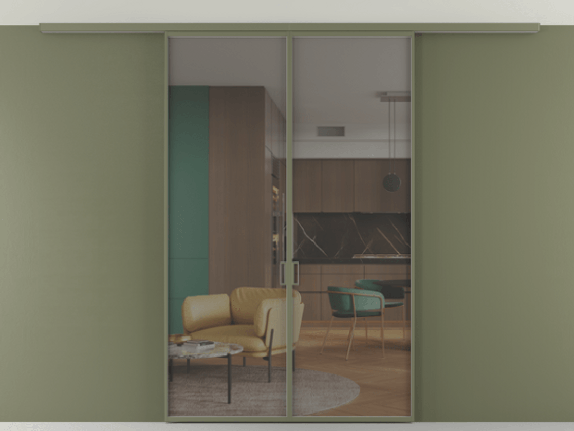 Перегородка Формато вдоль стены на потолок 2 створки АЛПР 040.01 Алюминий оливковый тёмный Прозрачное серое стекло, триплекс Цена 177705 ₽ | Volhovec