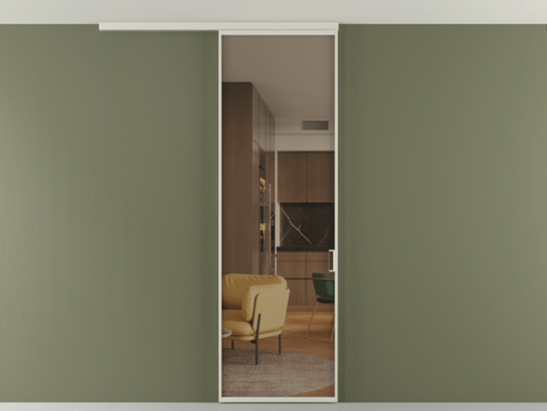 Перегородка Формато вдоль стены на потолок 1 створка АЛПР 040.01 Алюминий облачно-серый Прозрачное бронзовое стекло, триплекс Цена 92403 ₽ | Volhovec