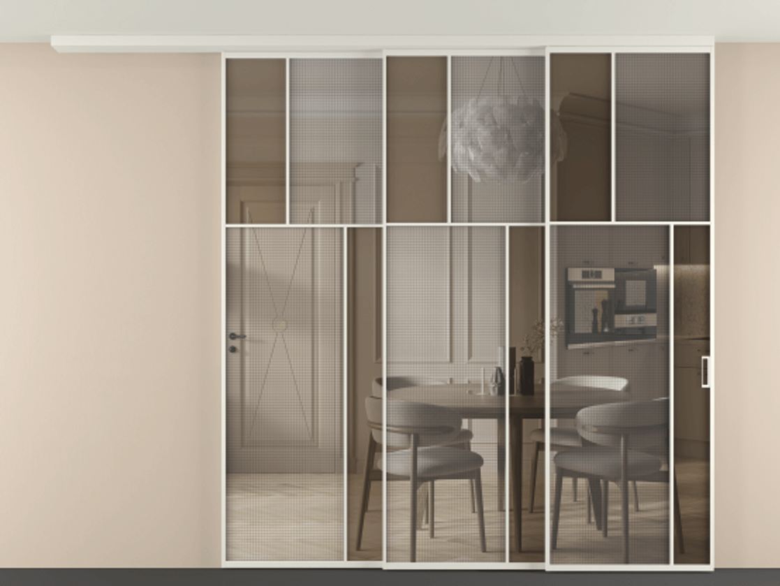 Перегородка Mosaic вдоль стены телескопик синхро 3 АЛПР 041.23 Алюминий Белый Mesh silver + Бронза прозрачное триплекс Цена 465680 ₽ | Volhovec