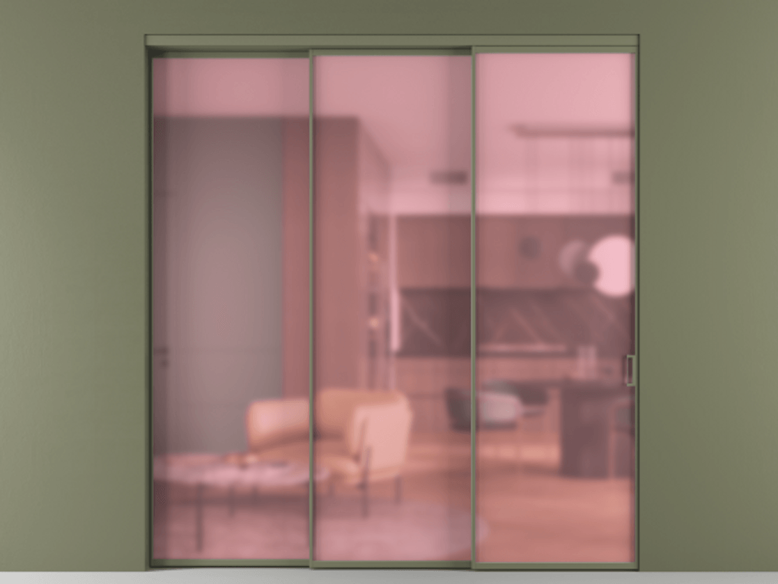 Перегородка Formato внутри проёма 3 створки с синхронным механизмом АЛПР 040.01 Алюминий оливковый тёмный Сатинированное розовое стекло, триплекс Цена 331580 ₽  | Volhovec