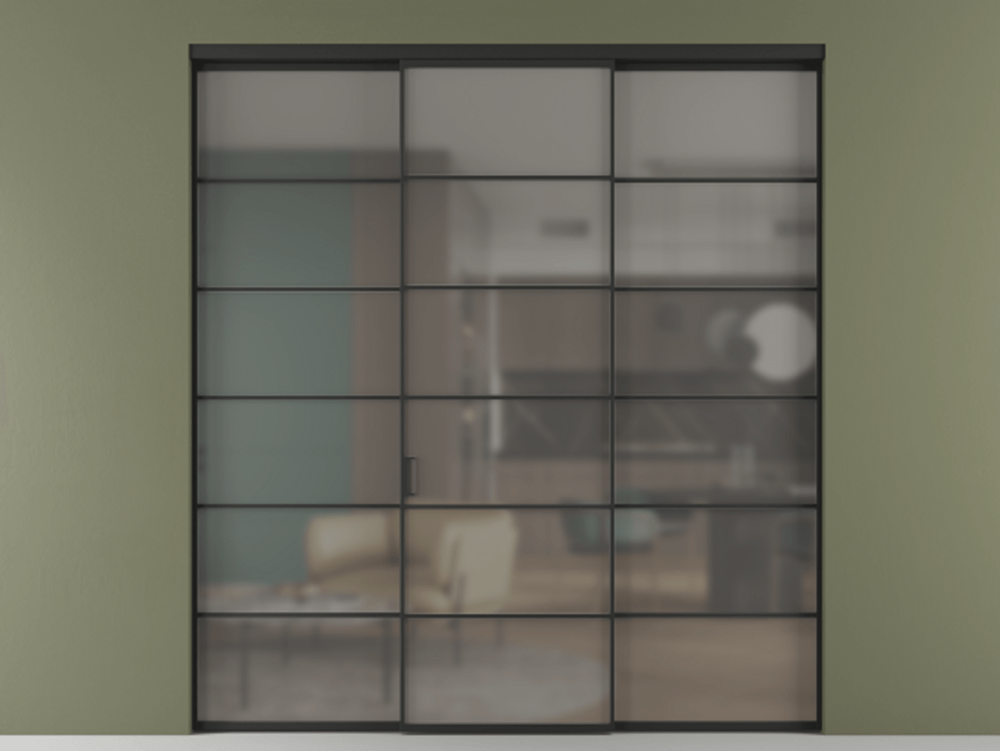 Перегородка Formato внутри проёма 3 створки АЛПР 040.04 Алюминий Черный Сатинированное серое стекло, триплекс Цена 244625 ₽ | Volhovec