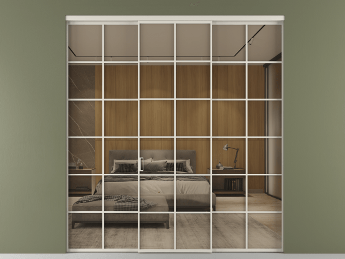 Перегородка Формато внутри проёма 3 створки АЛПР 040.05 Алюминий облачно-серый Рефлективное бронзовое стекло "Стопсол", калёное Цена 341000 ₽ | Volhovec