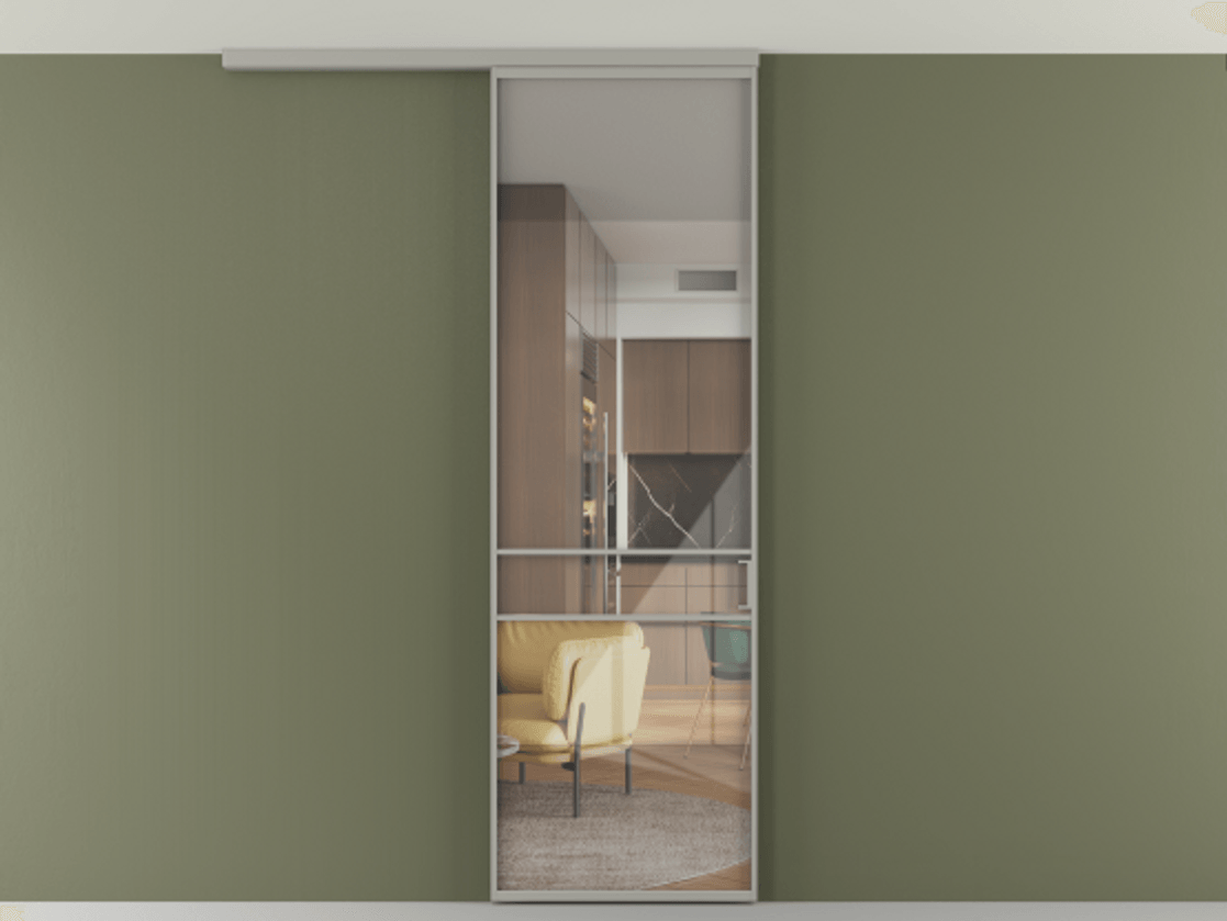 Перегородка Формато вдоль стены на потолок 1 створка АЛПР 040.02 Алюминий нейтральный серый Рефлективное прозрачное стекло "Стопсол", калёное Цена 107388 ₽ | Volhovec