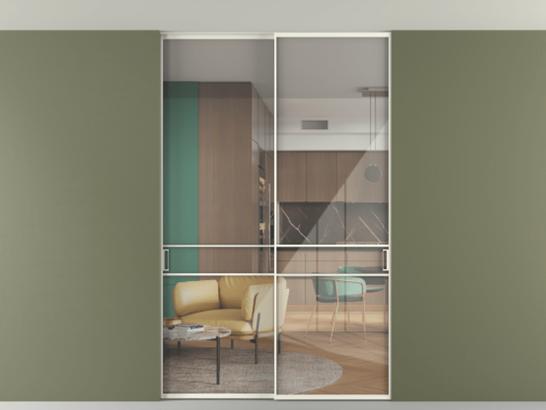 Перегородка Formato внутри проёма скрытое крепление в потолок 2 створки АЛПР 040.02 Алюминий жемчужный Рефлективное прозрачное стекло "Stopsol", калёное Цена 305520 ₽ | Volhovec