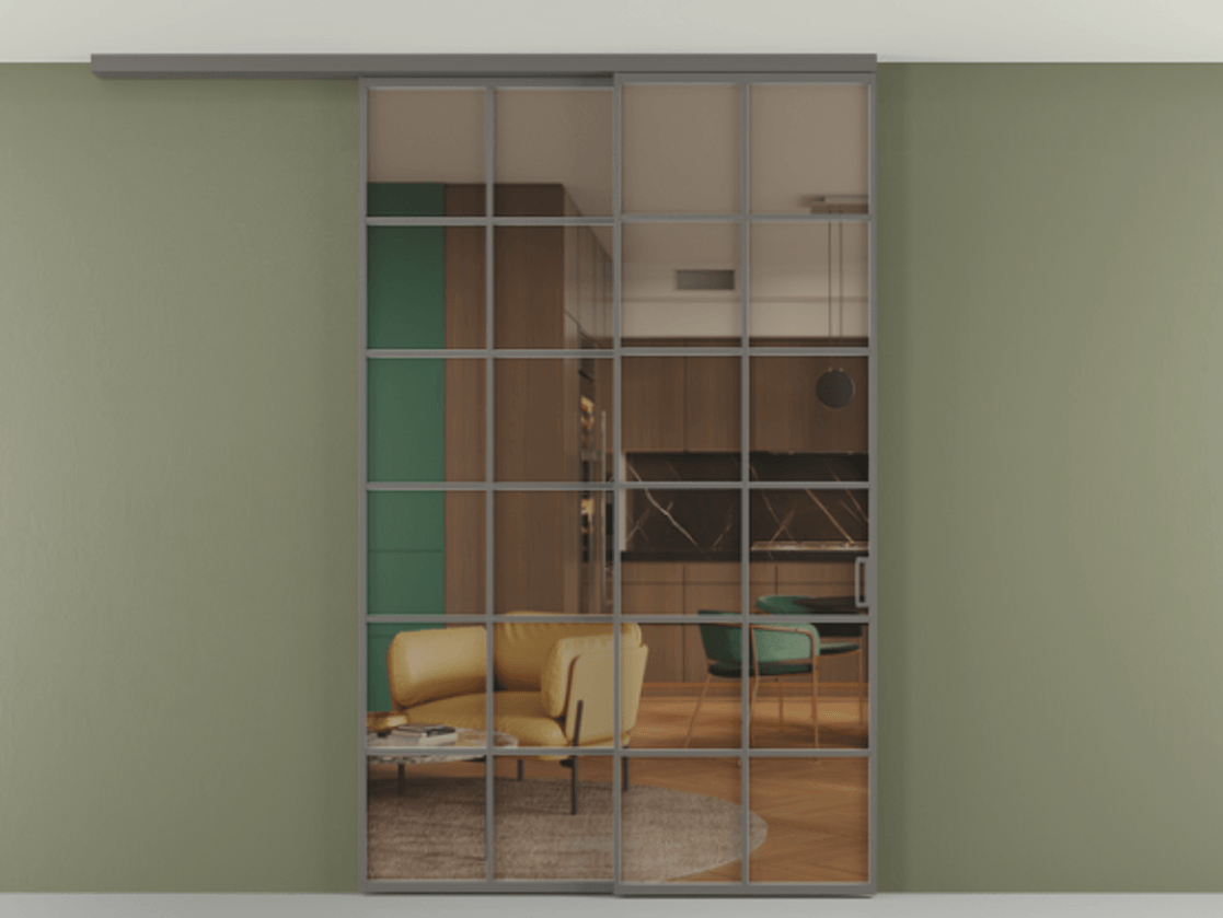 Перегородка Формато вдоль стены на потолок 2 створки с синхронным механизмом АЛПР 040.05 Алюминий классический серый Прозрачное бронзовое стекло, триплекс Цена 291704 ₽ | Volhovec