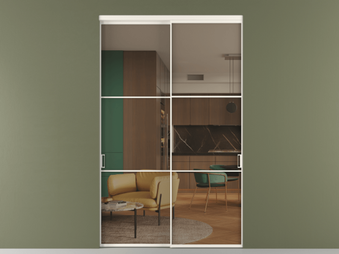 Перегородка Формато внутри проёма 2 створки АЛПР 040.03 Алюминий пудровый белый Прозрачное бронзовое стекло, триплекс Цена 424750 ₽  | Volhovec