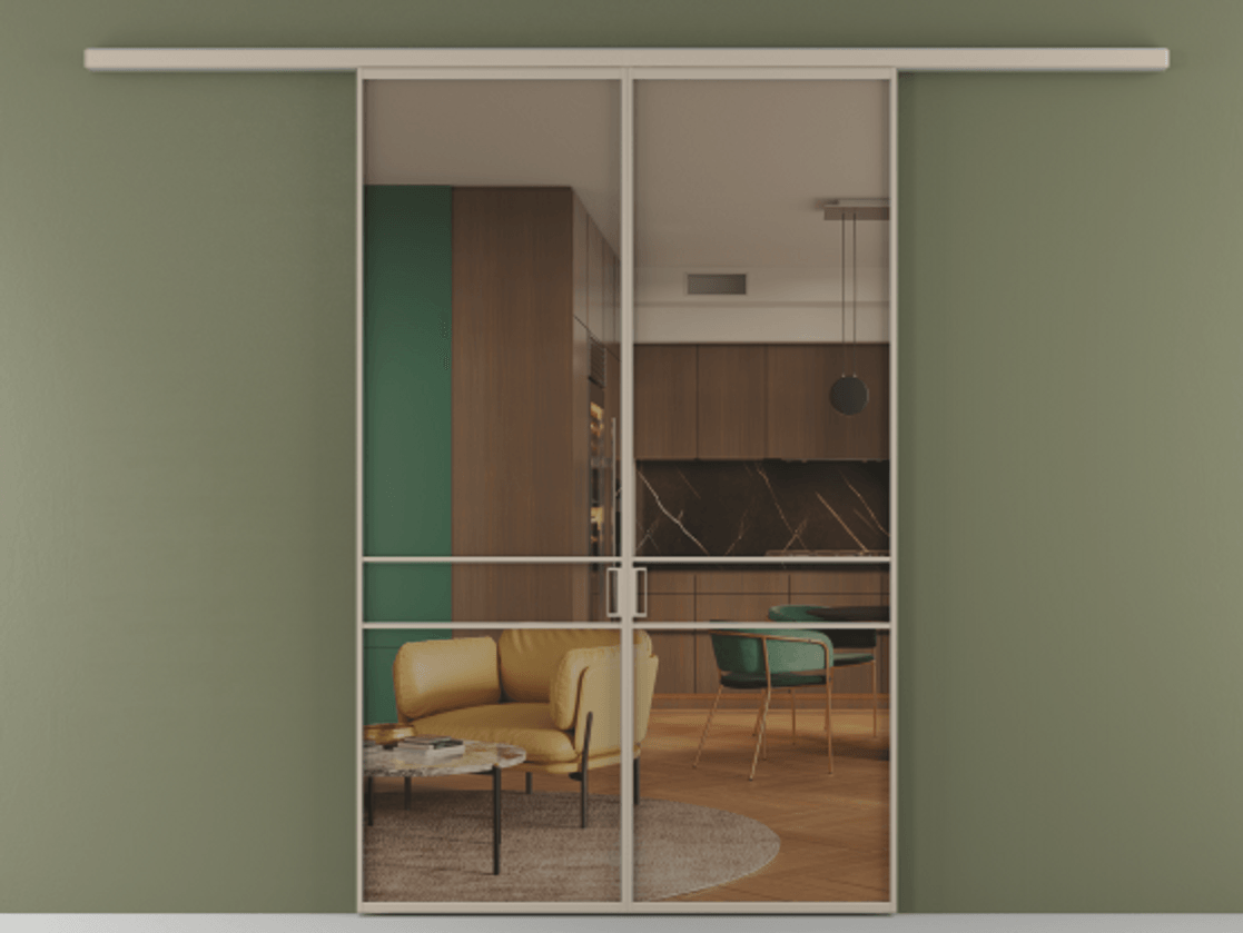 Перегородка Формато вдоль стены 2 створки АЛПР 040.02 Алюминий бисквитный Прозрачное бронзовое стекло, триплекс Цена 195450 ₽ | Volhovec