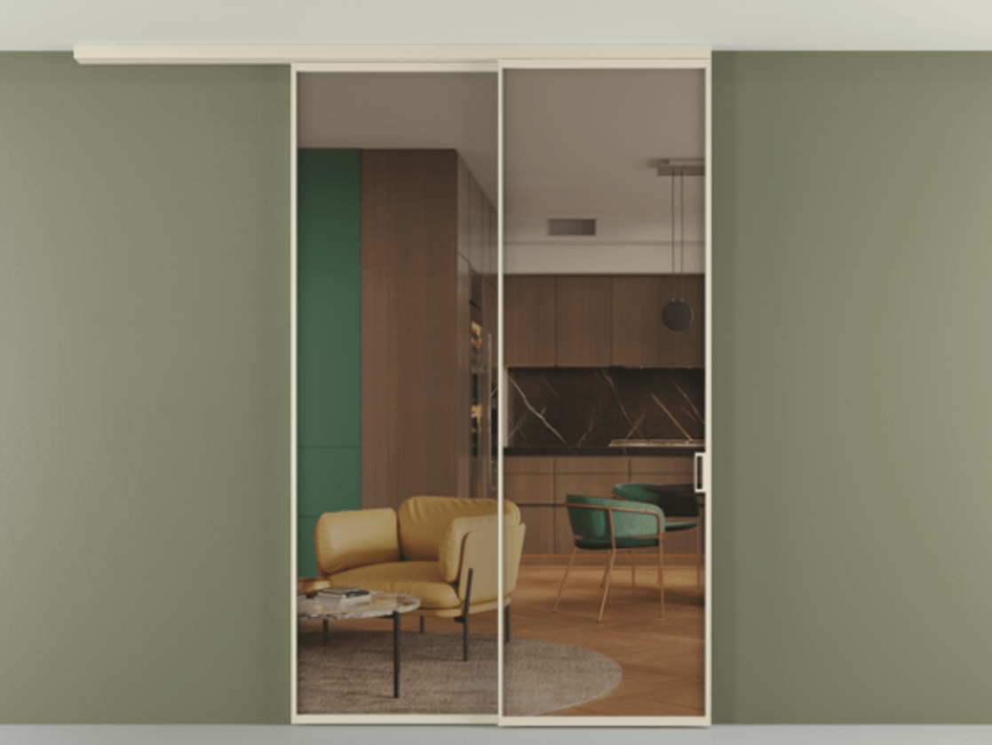 Перегородка Формато вдоль стены на потолок 2 створки с синхронным механизмом АЛПР 040.01 Алюминий бежево-серый Прозрачное бронзовое стекло, триплекс Цена 268472 ₽ | Volhovec