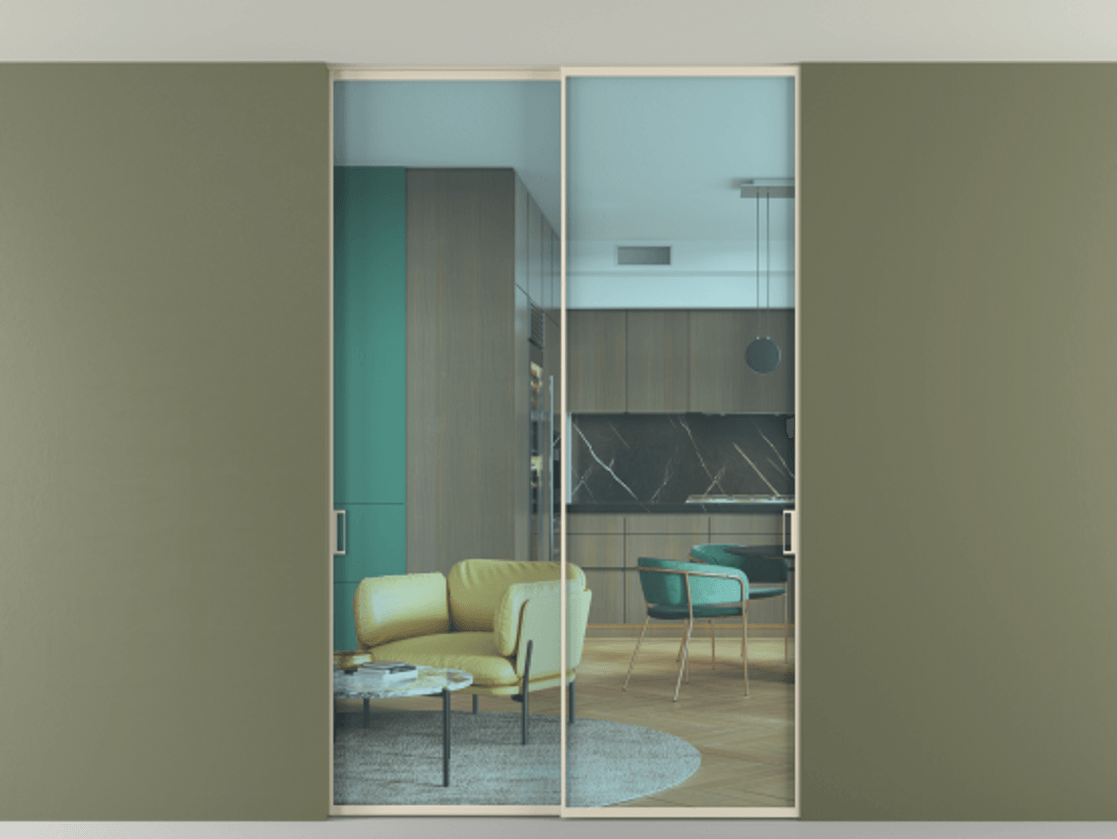 Межкомнатная дверь New Перегородка Formato внутри проёма двустворчатая со скрытым креплением в потолок АЛПР 040.01 Алюминий бежево-серый Прозрачное голубое стекло, триплекс Цена 246972  | Volhovec