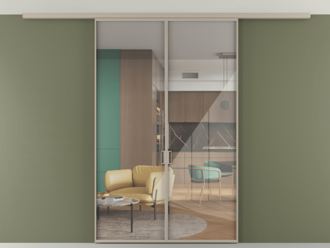 Перегородка Формато вдоль стены на потолок 2 створки АЛПР 040.01 Алюминий бисквитный Рефлективное прозрачное стекло "Стопсол", калёное Цена 198172 ₽ | Volhovec