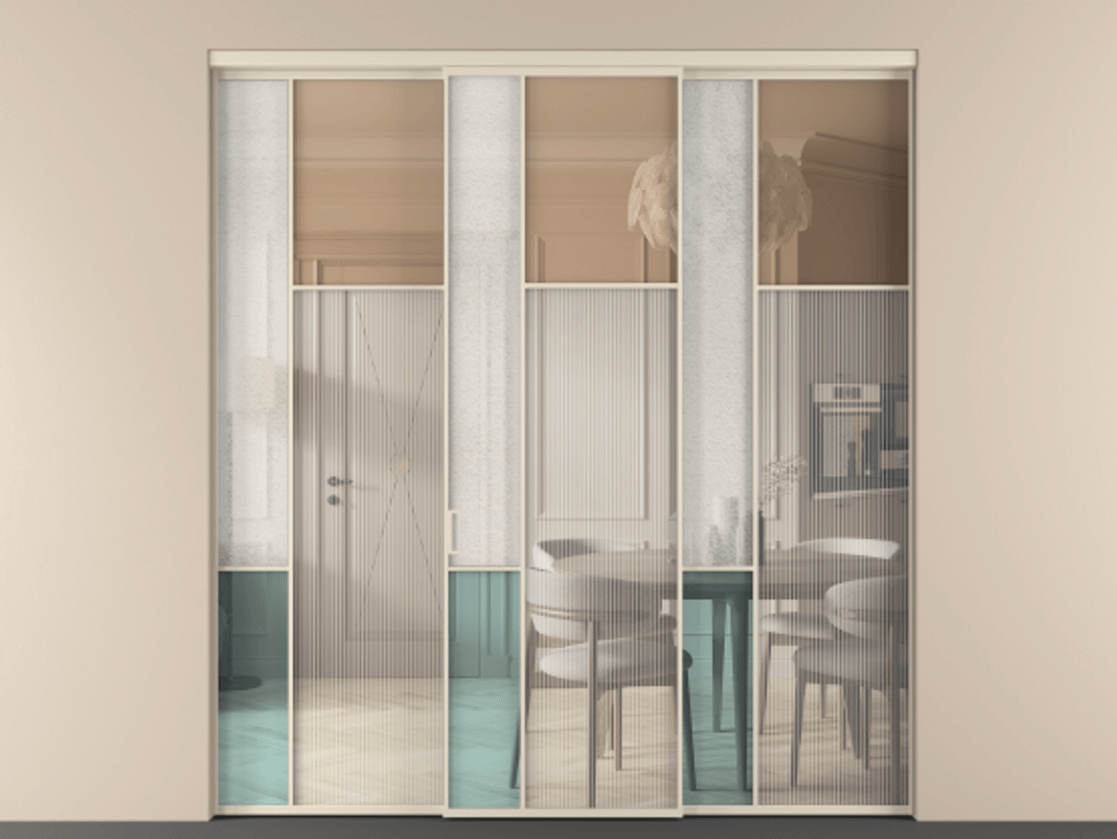 Перегородка Mosaic внутри проёма 3 створки АЛПР 041.11 Алюминий бежево-серый Комбинация стекол Группы 1 и Группы 3 Цена 359390 ₽ | Volhovec